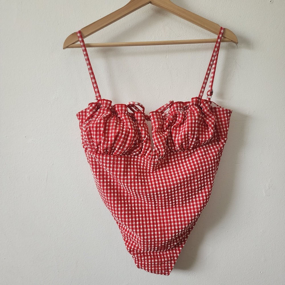 Lee Red Gingham Ruffle One Piece Swimsuit Seersucker Keyhole Tie L 12-14